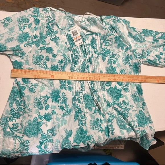 Charter Club Floral Blouse Top Teal Blue White Plus Size 2X S1 - Picture 7 of 7